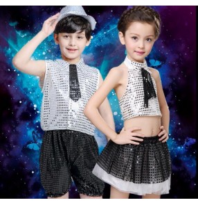 Silver black patchwork sequined girls boys child toddlers kindergarten modern dance stage performance t show play jazz dance costumes